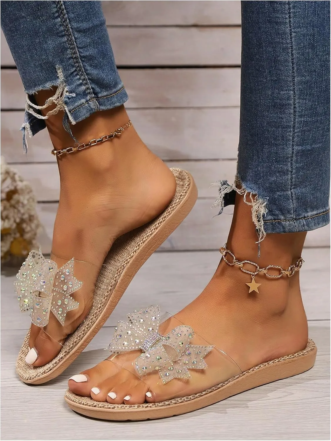 GORGLITTER Women's Clear Sandals Bow Rhinestone Open Toe Slip on Slides Summer Beach Sandals