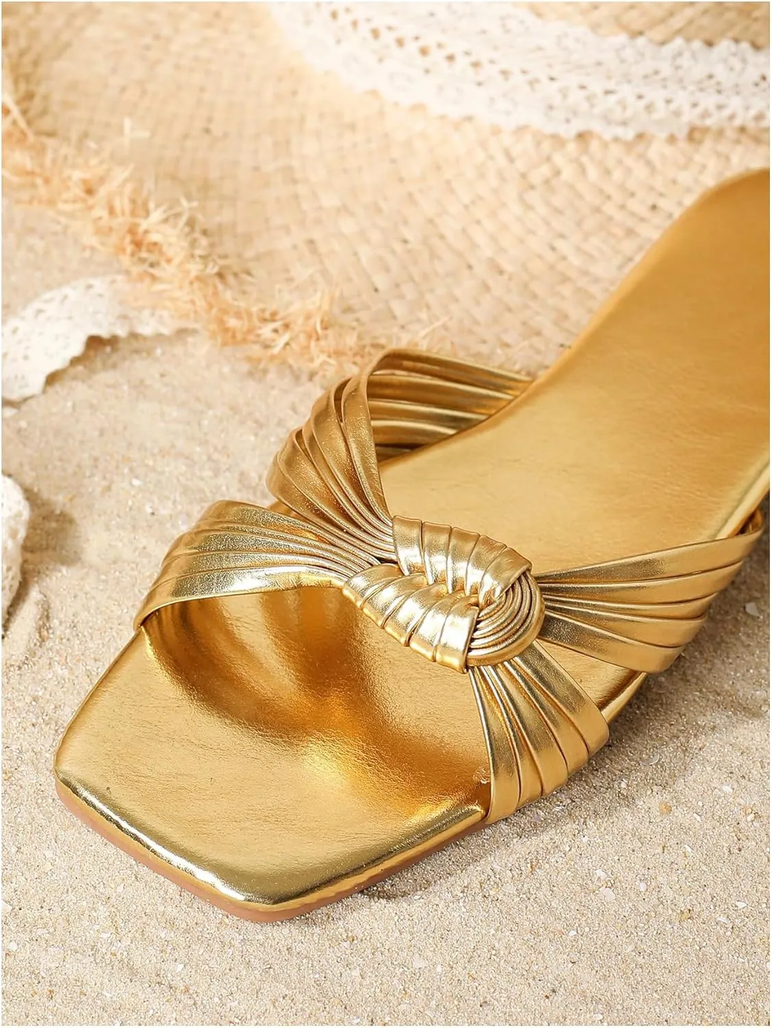 GORGLITTER Women's Gold Sandals Dressy Metallic Strappy Flat Sandals Square Open Toe Slip on Slides