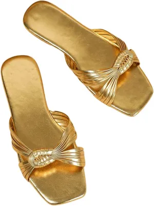 GORGLITTER Women's Gold Sandals Dressy Metallic Strappy Flat Sandals Square Open Toe Slip on Slides