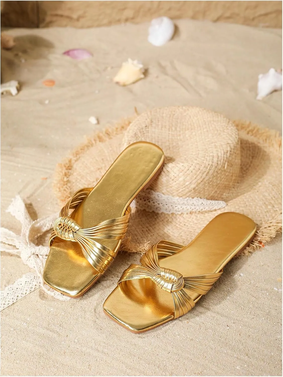 GORGLITTER Women's Gold Sandals Dressy Metallic Strappy Flat Sandals Square Open Toe Slip on Slides