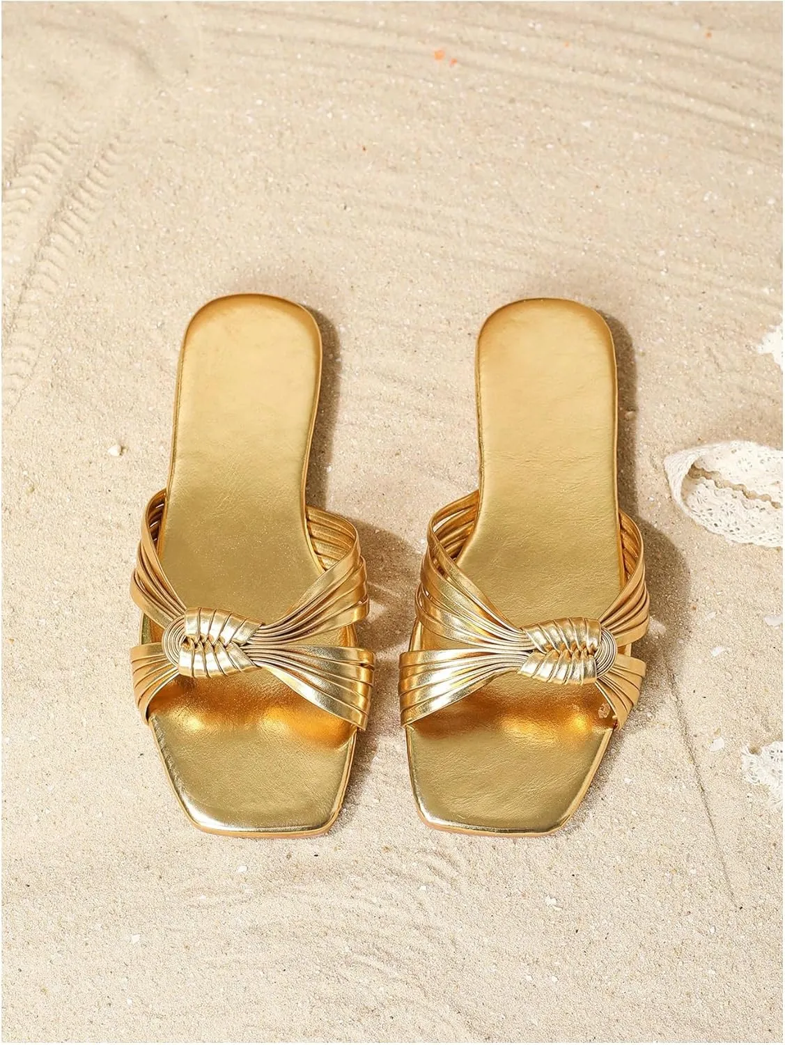 GORGLITTER Women's Gold Sandals Dressy Metallic Strappy Flat Sandals Square Open Toe Slip on Slides