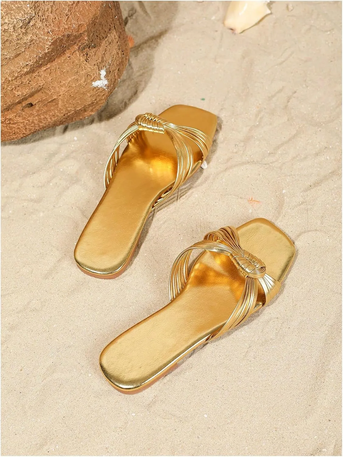 GORGLITTER Women's Gold Sandals Dressy Metallic Strappy Flat Sandals Square Open Toe Slip on Slides