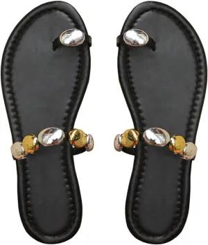 GORGLITTER Women's Toe Ring Thong Flat Sandals Gemstone Decor Slip On Boho Slide Sandal Flip Flops