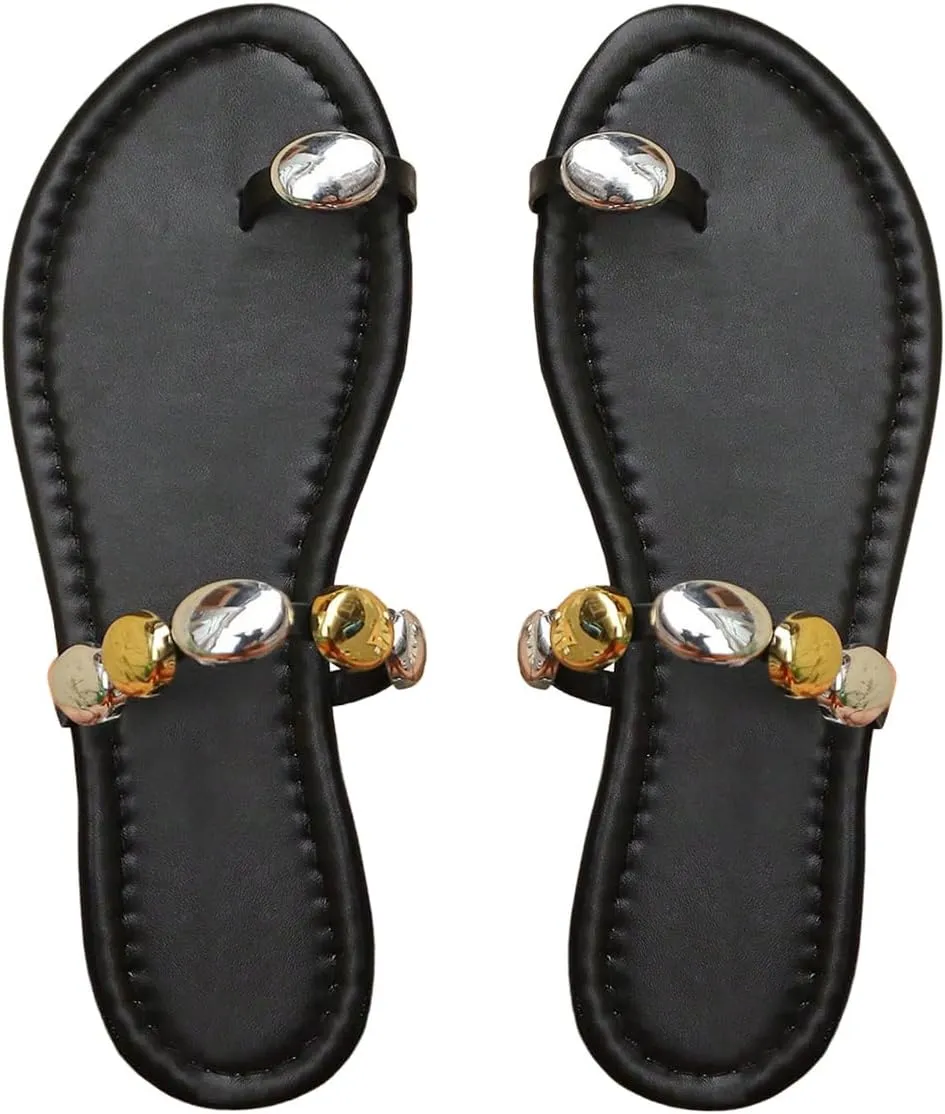 GORGLITTER Women's Toe Ring Thong Flat Sandals Gemstone Decor Slip On Boho Slide Sandal Flip Flops