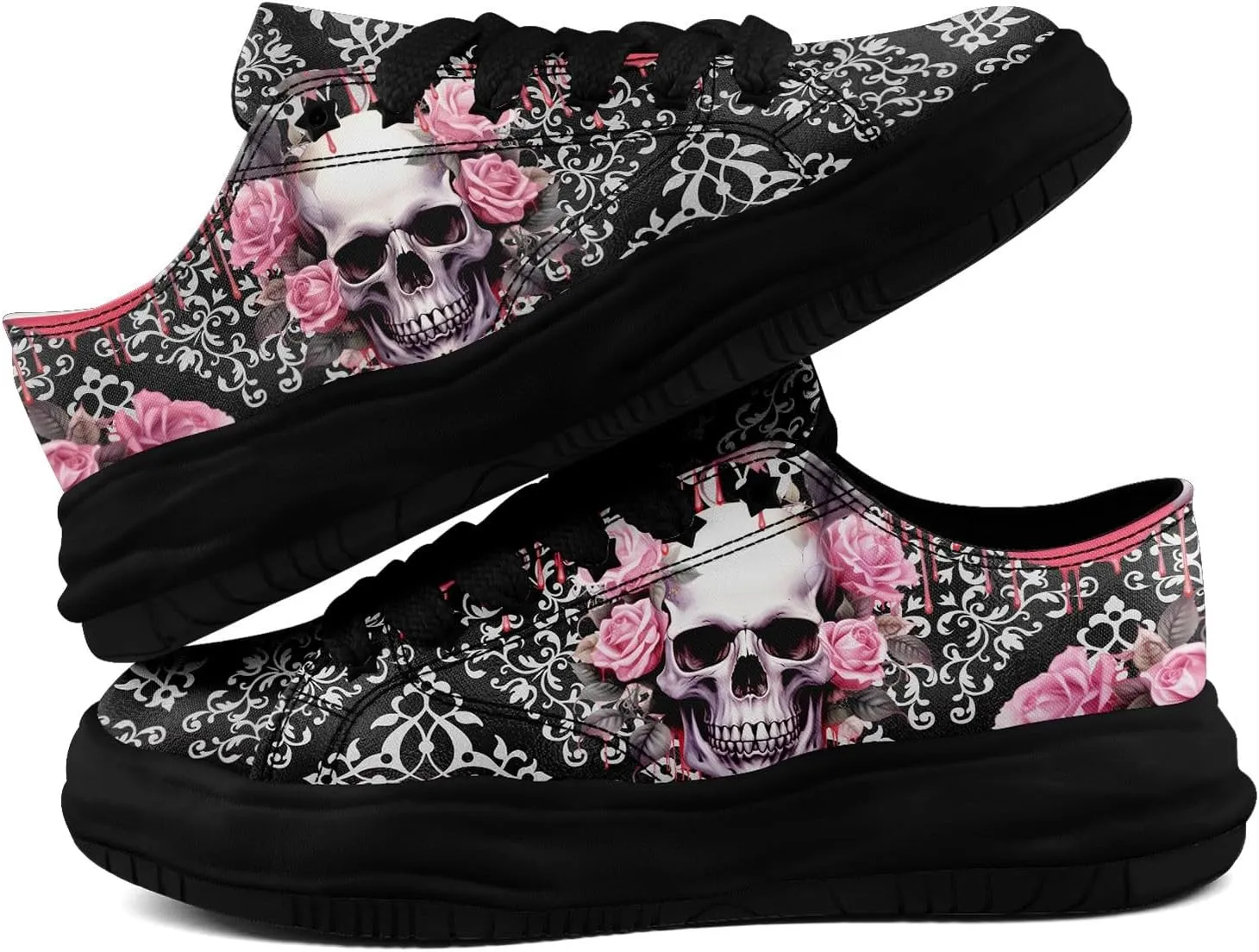 Gothic Skull Print Sneakers for Men Women – Low Top Canvas Shoes with Rubber EVA Sole, Punk Streetwear Fashion