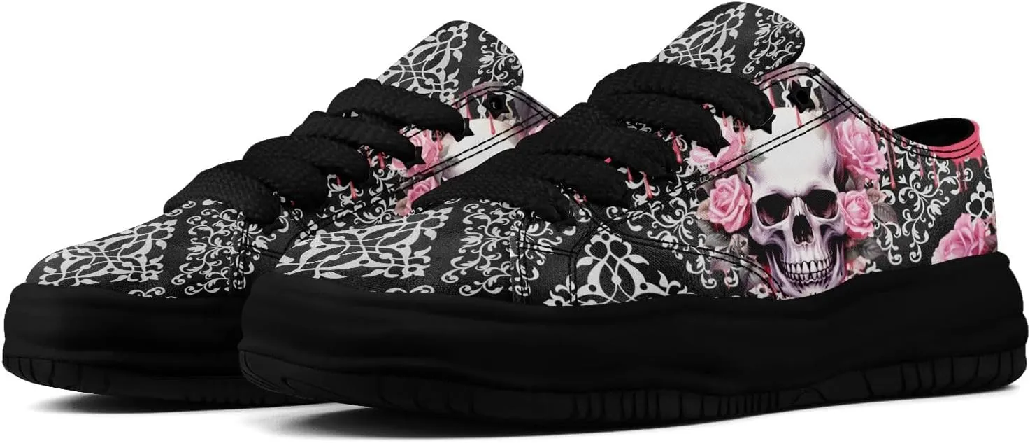 Gothic Skull Print Sneakers for Men Women – Low Top Canvas Shoes with Rubber EVA Sole, Punk Streetwear Fashion