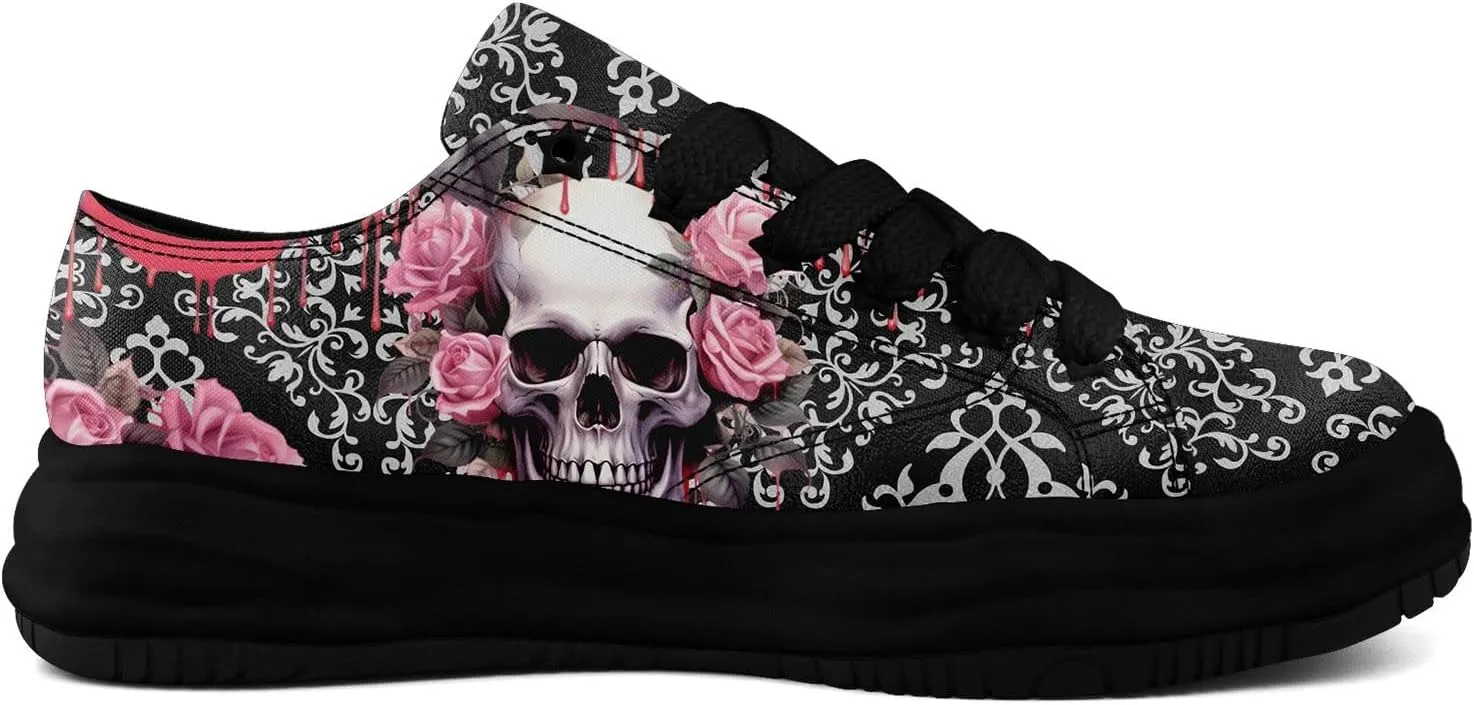 Gothic Skull Print Sneakers for Men Women – Low Top Canvas Shoes with Rubber EVA Sole, Punk Streetwear Fashion
