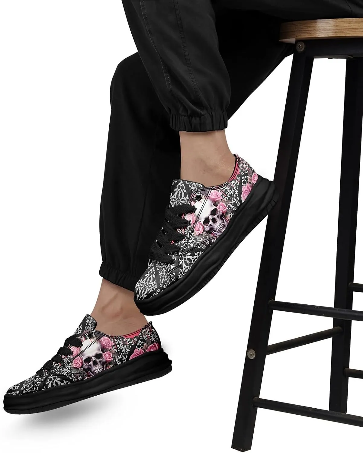 Gothic Skull Print Sneakers for Men Women – Low Top Canvas Shoes with Rubber EVA Sole, Punk Streetwear Fashion