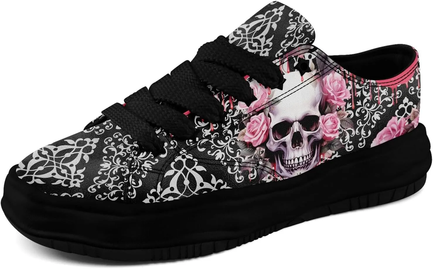 Gothic Skull Print Sneakers for Men Women – Low Top Canvas Shoes with Rubber EVA Sole, Punk Streetwear Fashion
