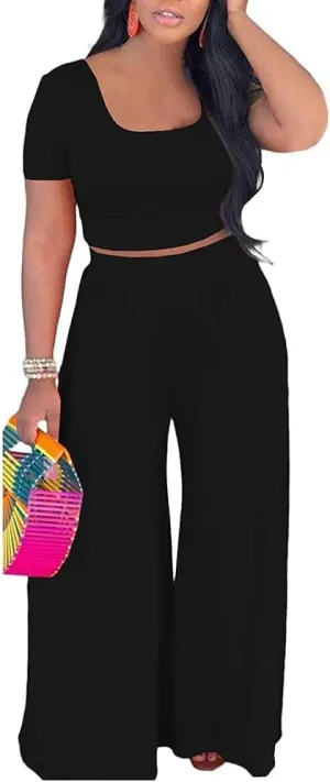 HBQ Two Piece Outfits For Women Casual Sweat Suits Backless Short Sleeve Crop Tops Wide Leg Pants Lounge Sets Tracksuit