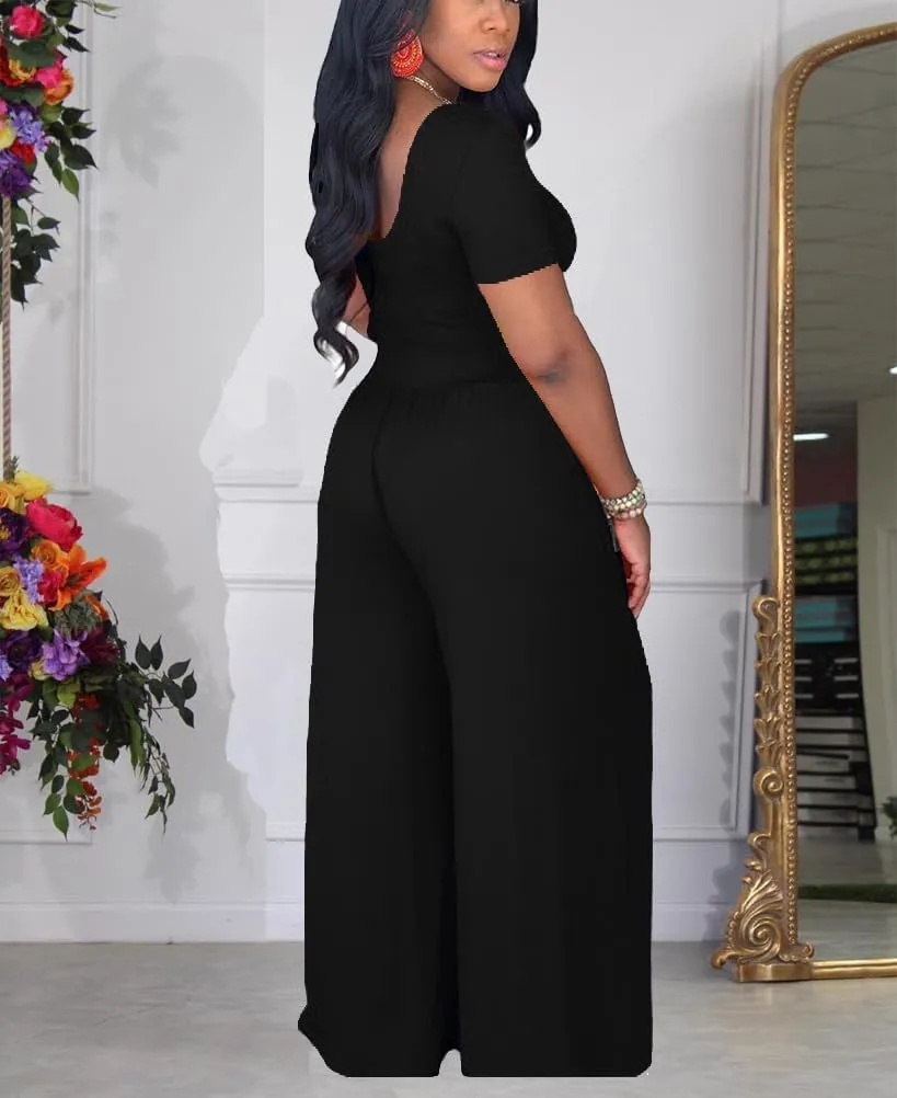 HBQ Two Piece Outfits For Women Casual Sweat Suits Backless Short Sleeve Crop Tops Wide Leg Pants Lounge Sets Tracksuit