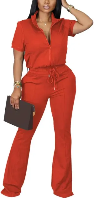 HBQ Women 2 Piece Outfits Sweatsuit Set Casual Lapel Zip Up Jacket Wide Leg Pant Lounge Set Tracksuit-L-Orange Red