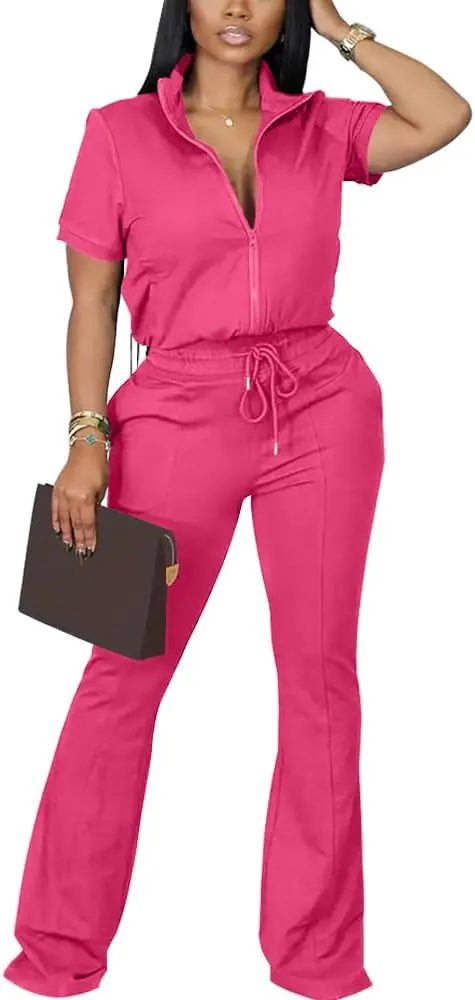 HBQ Women 2 Piece Outfits Sweatsuit Set Casual Lapel Zip Up Jacket Wide Leg Pant Lounge Set Tracksuit-XXL-Roseo