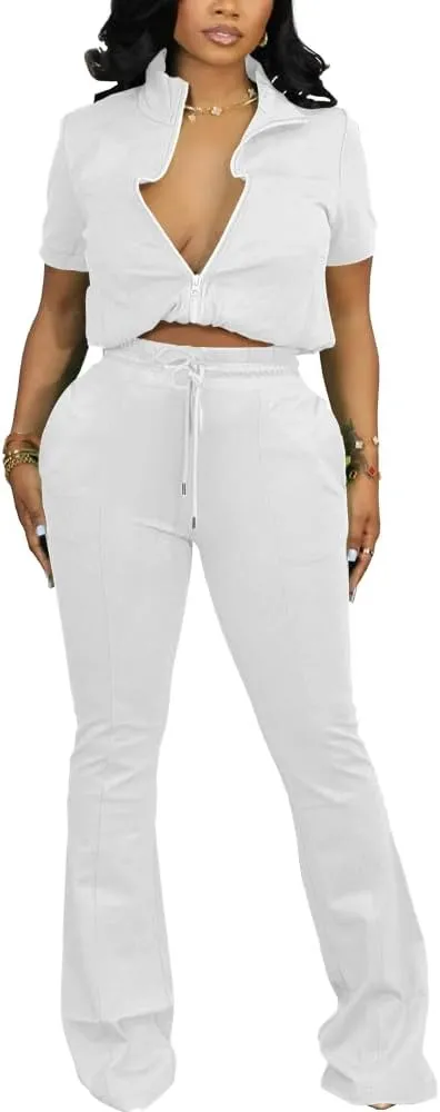 HBQ Women 2 Piece Outfits Sweatsuit Set Casual Lapel Zip Up Jacket Wide Leg Pant Lounge Set Tracksuit