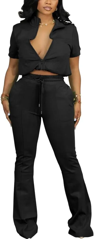 HBQ Women 2 Piece Outfits Sweatsuit Set Casual Lapel Zip Up Jacket Wide Leg Pant Lounge Set Tracksuit