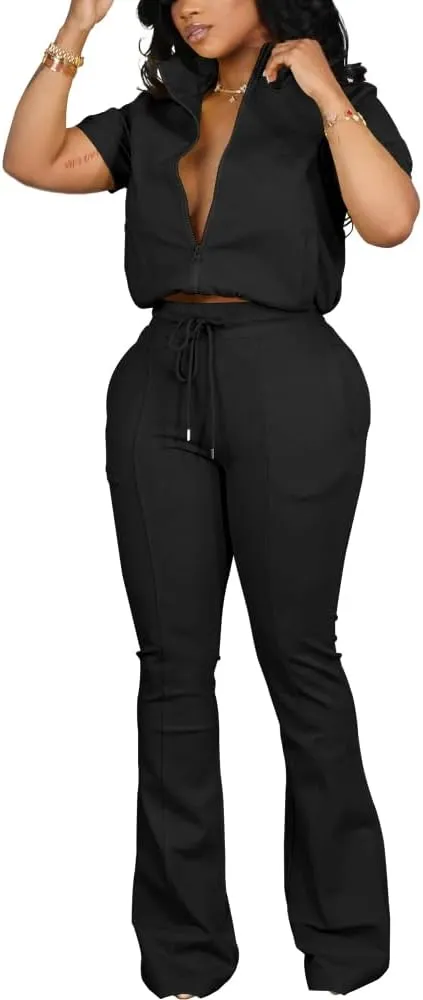 HBQ Women 2 Piece Outfits Sweatsuit Set Casual Lapel Zip Up Jacket Wide Leg Pant Lounge Set Tracksuit