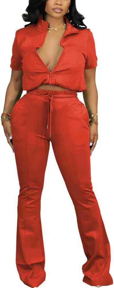HBQ Women 2 Piece Outfits Sweatsuit Set Casual Lapel Zip Up Jacket Wide Leg Pant Lounge Set Tracksuit
