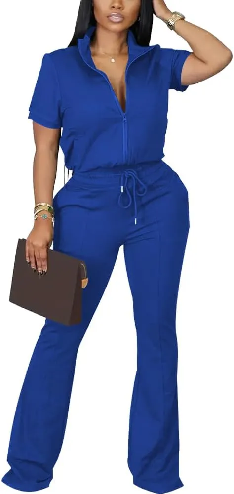 HBQ Women 2 Piece Outfits Sweatsuit Set Casual Lapel Zip Up Jacket Wide Leg Pant Lounge Set Tracksuit