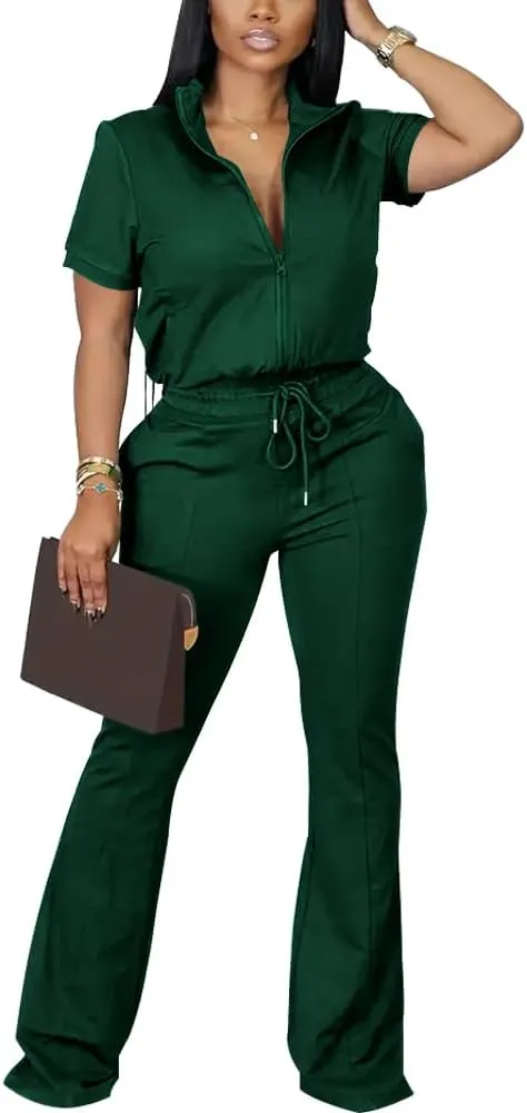 HBQ Women 2 Piece Outfits Sweatsuit Set Casual Lapel Zip Up Jacket Wide Leg Pant Lounge Set Tracksuit