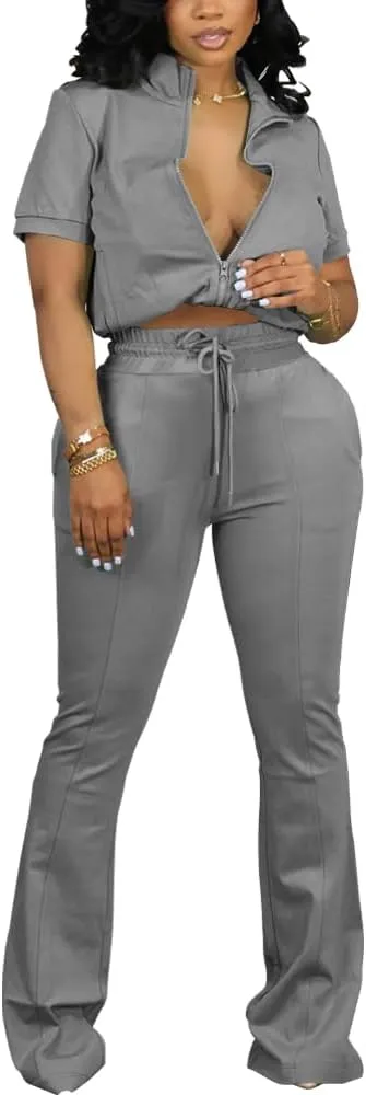 HBQ Women 2 Piece Outfits Sweatsuit Set Casual Lapel Zip Up Jacket Wide Leg Pant Lounge Set Tracksuit