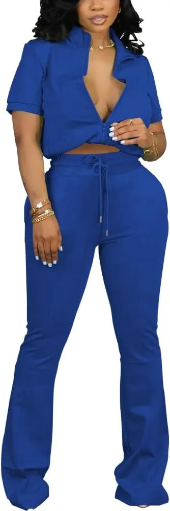 HBQ Women 2 Piece Outfits Sweatsuit Set Casual Lapel Zip Up Jacket Wide Leg Pant Lounge Set Tracksuit