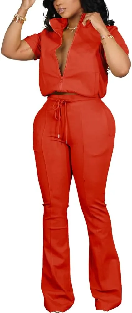 HBQ Women 2 Piece Outfits Sweatsuit Set Casual Lapel Zip Up Jacket Wide Leg Pant Lounge Set Tracksuit