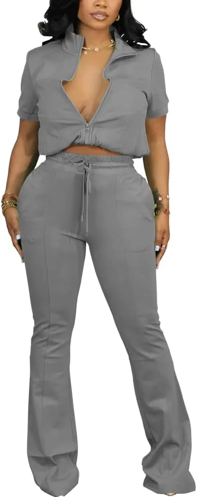 HBQ Women 2 Piece Outfits Sweatsuit Set Casual Lapel Zip Up Jacket Wide Leg Pant Lounge Set Tracksuit