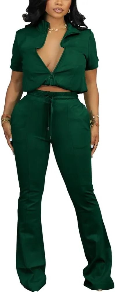HBQ Women 2 Piece Outfits Sweatsuit Set Casual Lapel Zip Up Jacket Wide Leg Pant Lounge Set Tracksuit