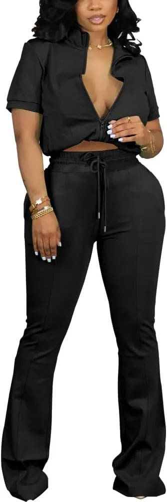HBQ Women 2 Piece Outfits Sweatsuit Set Casual Lapel Zip Up Jacket Wide Leg Pant Lounge Set Tracksuit