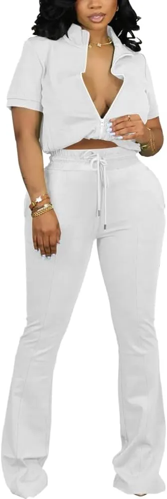 HBQ Women 2 Piece Outfits Sweatsuit Set Casual Lapel Zip Up Jacket Wide Leg Pant Lounge Set Tracksuit