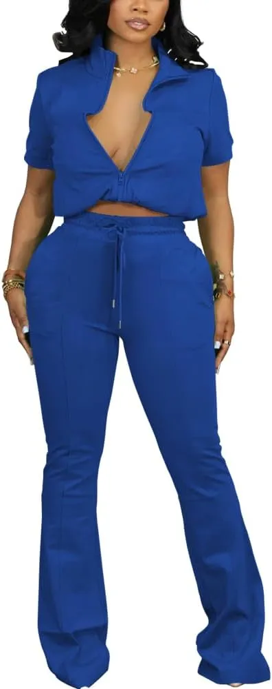 HBQ Women 2 Piece Outfits Sweatsuit Set Casual Lapel Zip Up Jacket Wide Leg Pant Lounge Set Tracksuit