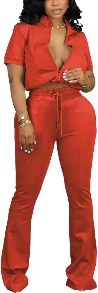HBQ Women 2 Piece Outfits Sweatsuit Set Casual Lapel Zip Up Jacket Wide Leg Pant Lounge Set Tracksuit