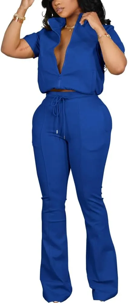 HBQ Women 2 Piece Outfits Sweatsuit Set Casual Lapel Zip Up Jacket Wide Leg Pant Lounge Set Tracksuit