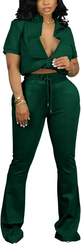 HBQ Women 2 Piece Outfits Sweatsuit Set Casual Lapel Zip Up Jacket Wide Leg Pant Lounge Set Tracksuit