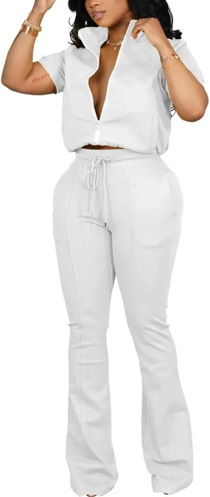 HBQ Women 2 Piece Outfits Sweatsuit Set Casual Lapel Zip Up Jacket Wide Leg Pant Lounge Set Tracksuit