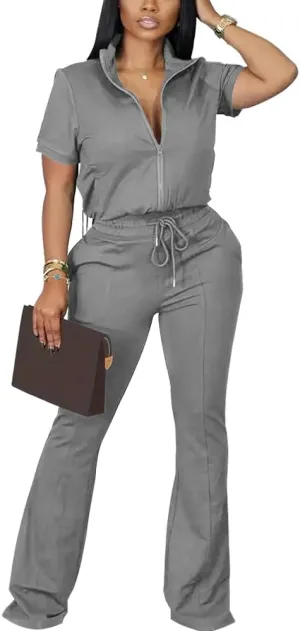 HBQ Women 2 Piece Outfits Sweatsuit Set Casual Lapel Zip Up Jacket Wide Leg Pant Lounge Set Tracksuit