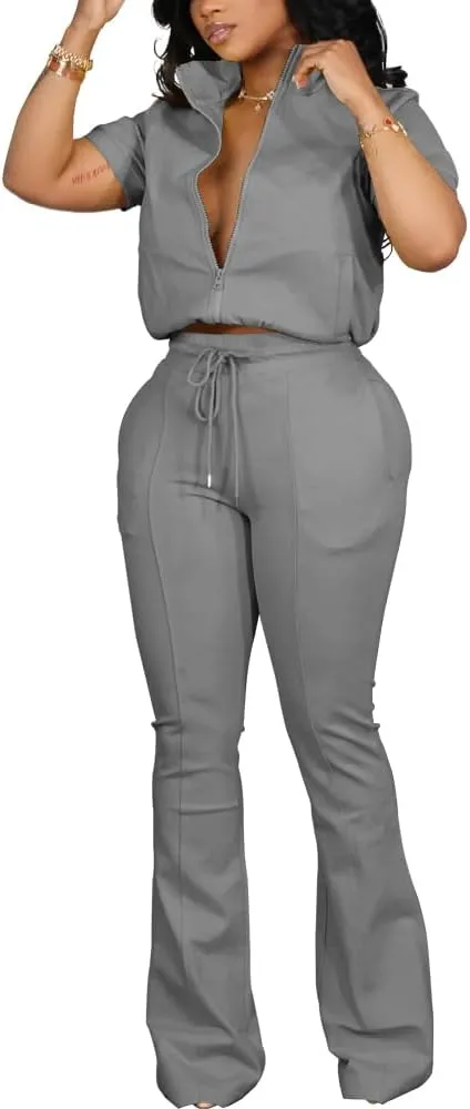 HBQ Women 2 Piece Outfits Sweatsuit Set Casual Lapel Zip Up Jacket Wide Leg Pant Lounge Set Tracksuit