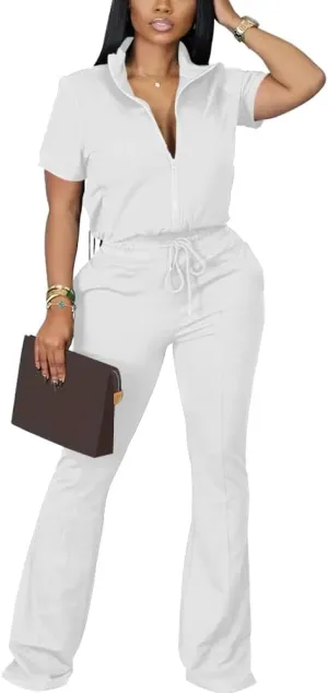 HBQ Women 2 Piece Outfits Sweatsuit Set Casual Lapel Zip Up Jacket Wide Leg Pant Lounge Set Tracksuit