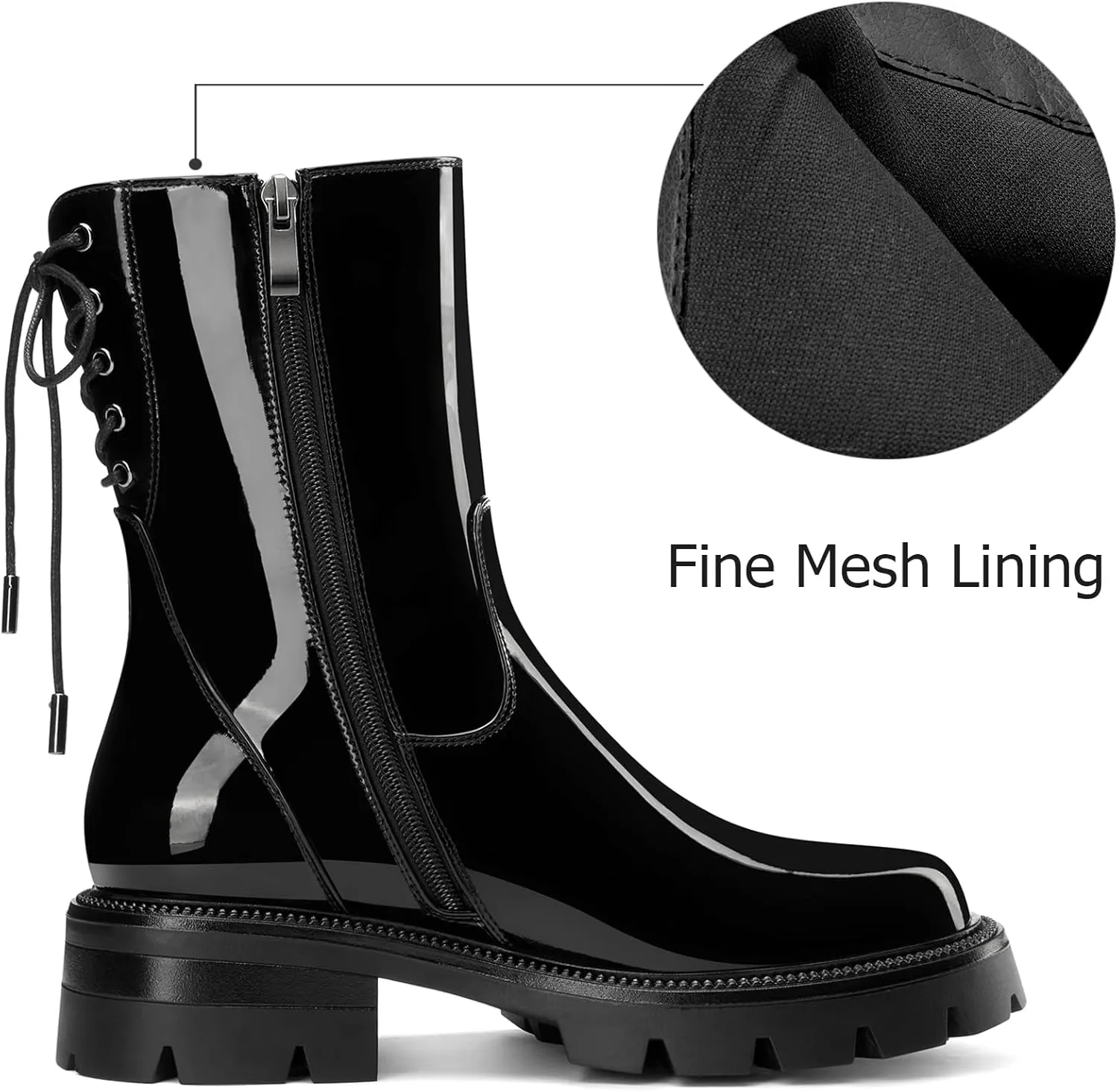 HDEUOLM Womens Chunky Platform Low Heel Round Toe Ankle Boots Short Bootie Lace-up Zipper Classic Casual Patent Leather Boots Lug Sole Boots