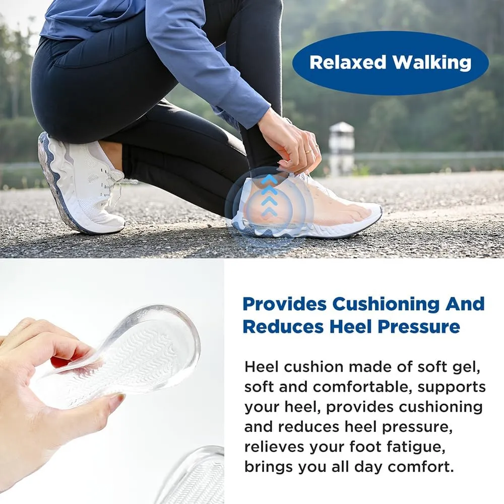 Heel Cushions for Pain Relief (2 Pairs), Gel Inserts for Achilles Tendonitis and Spurs, Pads Provide Cushioning for Men Women (L: W8-12 | M7.5-11, Clear)