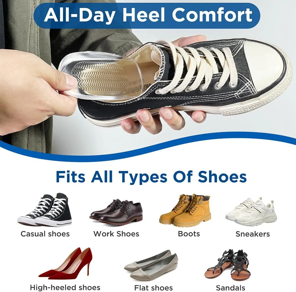 Heel Cushions for Pain Relief (2 Pairs), Gel Inserts for Achilles Tendonitis and Spurs, Pads Provide Cushioning for Men Women (L: W8-12 | M7.5-11, Clear)