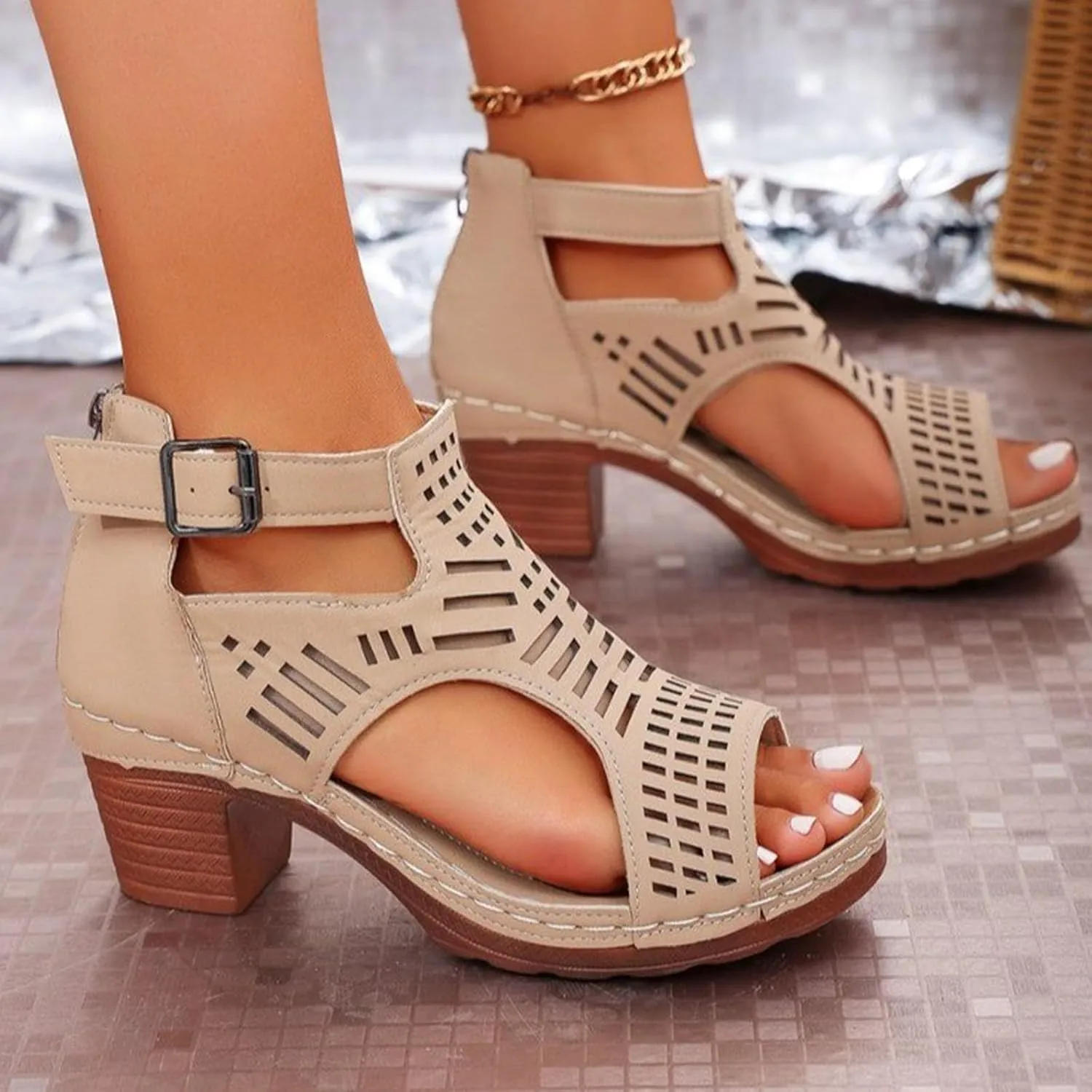 Heeled Sandals Women's Low Block Chunky Heels Sandals Fish Mouth Breathable Hollow Out Walking Shoes Adjustable Ankle Strap Wide Available Shoes for Summer And Daily Wear