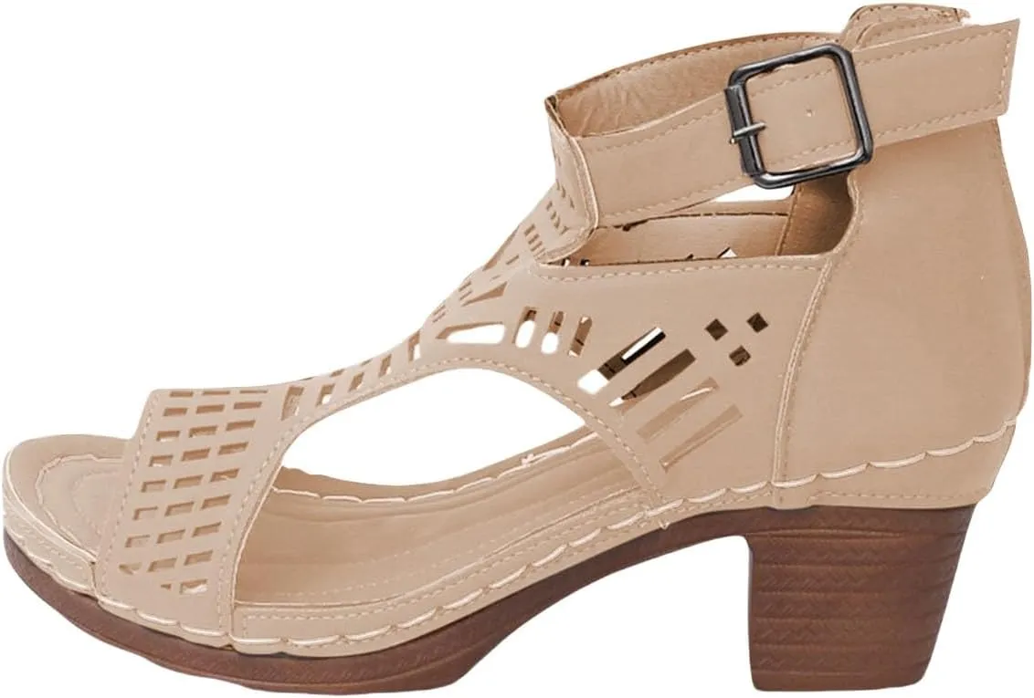 Heeled Sandals Women's Low Block Chunky Heels Sandals Fish Mouth Breathable Hollow Out Walking Shoes Adjustable Ankle Strap Wide Available Shoes for Summer And Daily Wear