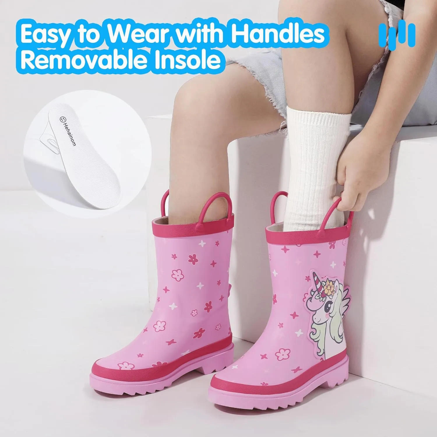 Hehainom Toddler Kids Rain Boots for Boys Girls Waterproof Easy-on Handles Rainboots