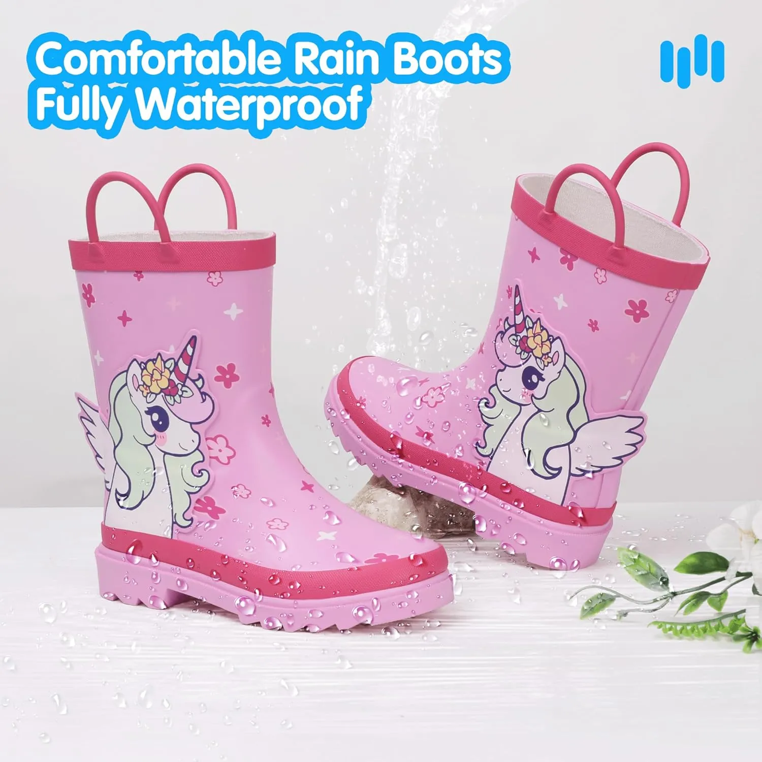 Hehainom Toddler Kids Rain Boots for Boys Girls Waterproof Easy-on Handles Rainboots