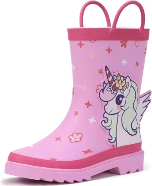 Hehainom Toddler Kids Rain Boots for Boys Girls Waterproof Easy-on Handles Rainboots