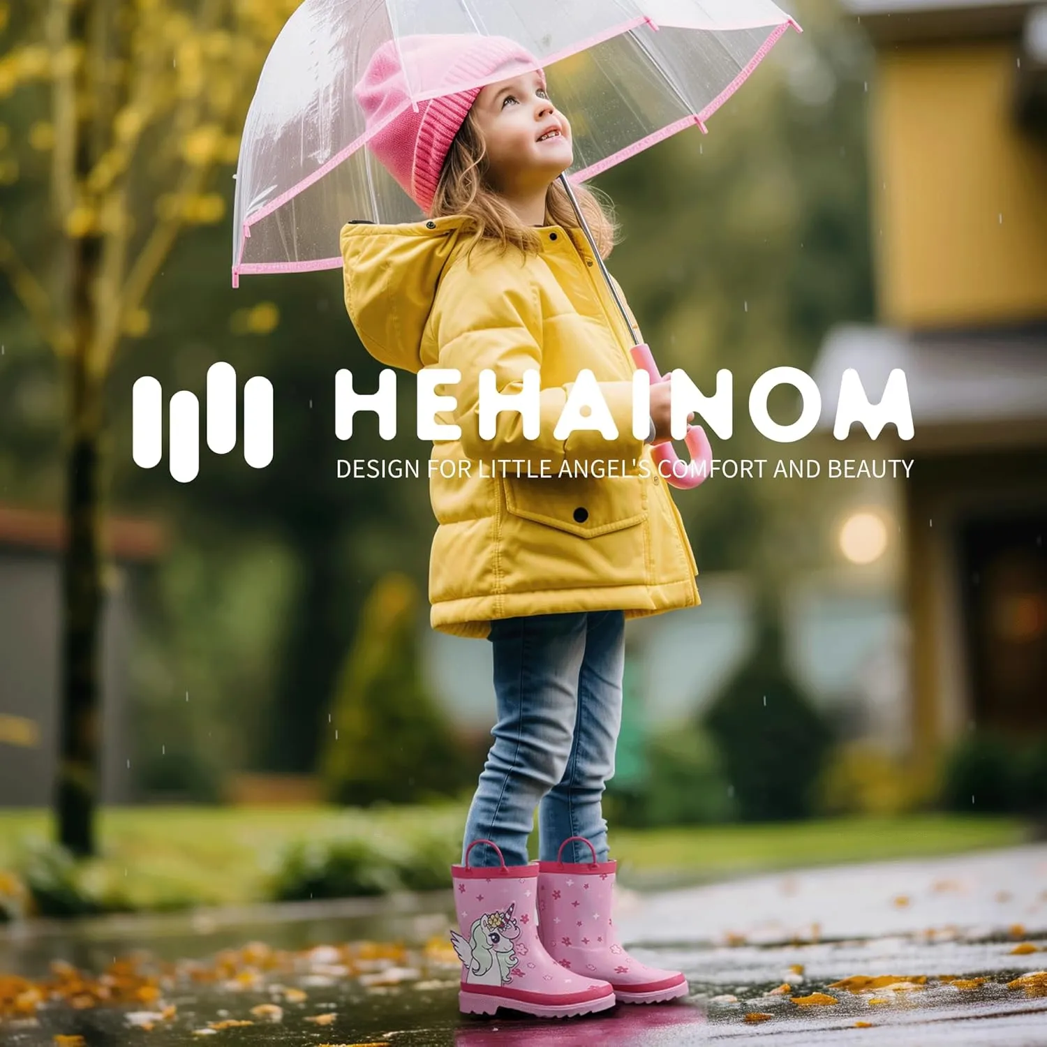 Hehainom Toddler Kids Rain Boots for Boys Girls Waterproof Easy-on Handles Rainboots