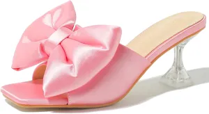 Heiyom Women's Bow Clear Heels Slippers Dress Sandals Square Toe Stiletto Mules Slip on Wedding Prom Shoes