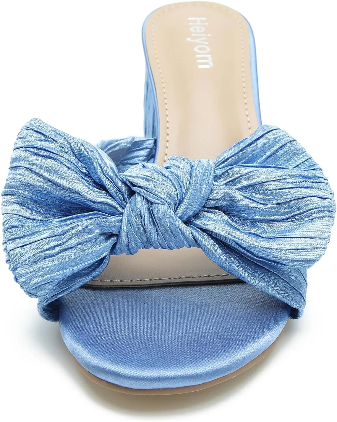 Heiyom Women's Bowknot Low Chunky Heels Mules Sandals Slip on Pleated Bow Heels Wedding Bridal Party Dress Shoes