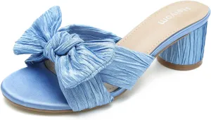Heiyom Women's Bowknot Low Chunky Heels Mules Sandals Slip on Pleated Bow Heels Wedding Bridal Party Dress Shoes
